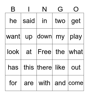 Sight Words Bingo Card