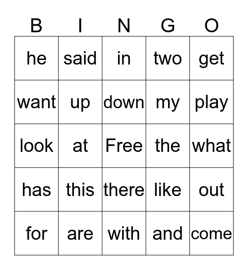 Sight Words Bingo Card