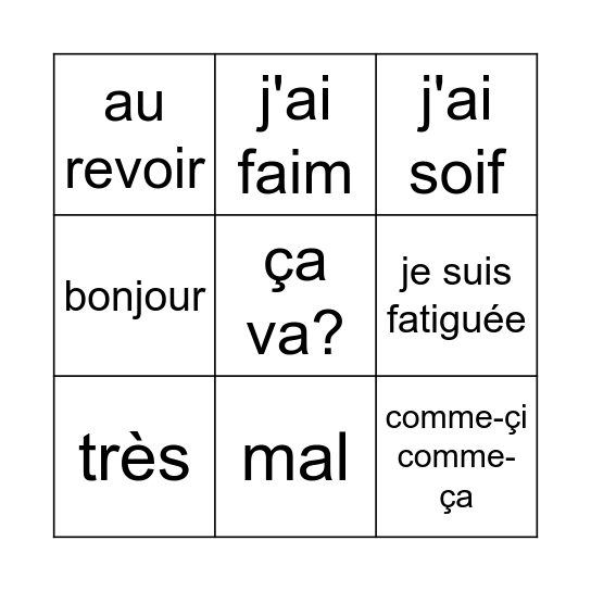 ça va? Bingo Card