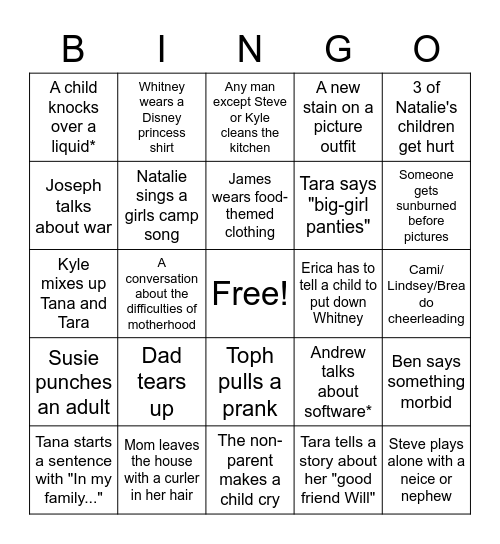 Reunion Bingo Card