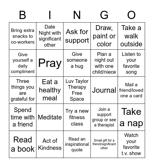 Self-Care Bingo Card