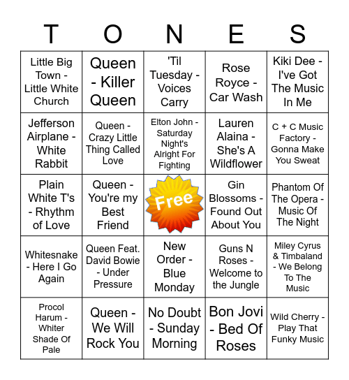 Game Of Tones 7/13/21 Game 4 Bingo Card