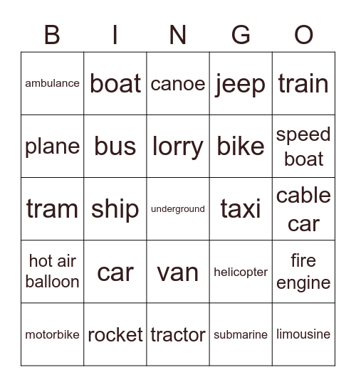 Means of transport Bingo Card