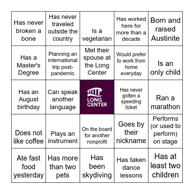 LONG CENTER BINGO Card