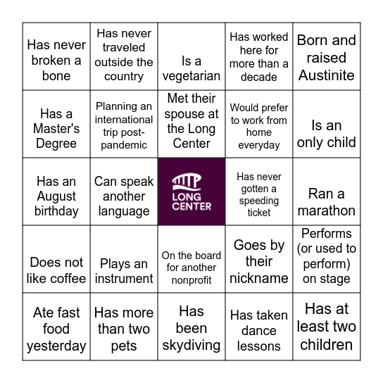 LONG CENTER BINGO Card