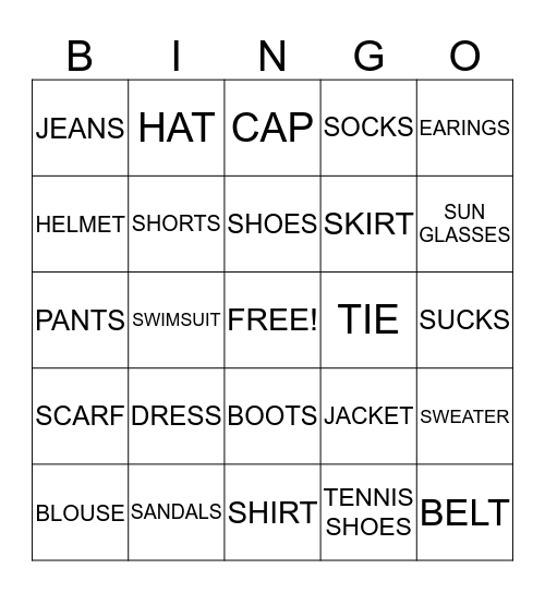 CLOTHING BINGO Card