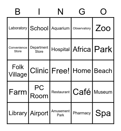 Places Bingo Card