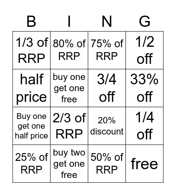 Discount Maths Bingo Card