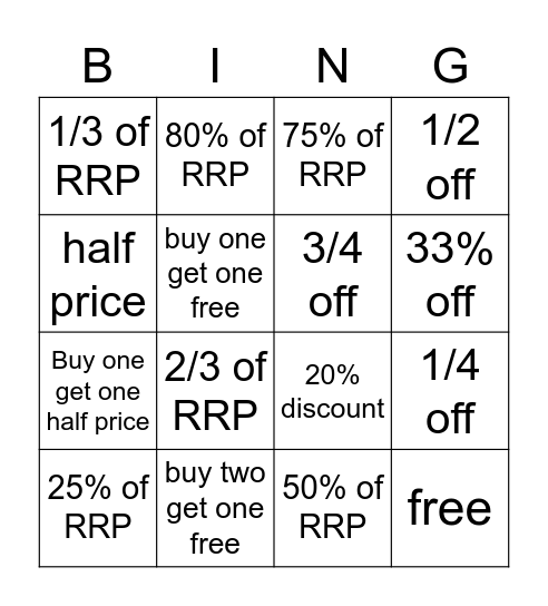Discount Maths Bingo Card