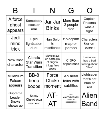 Star Wars VIII: The Last Jedi Bingo Card