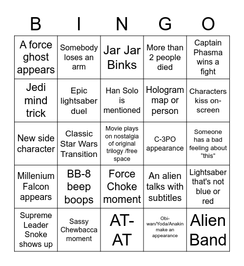 Star Wars VIII: The Last Jedi Bingo Card