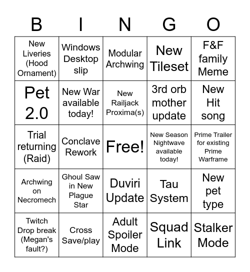 TennoCon Bingo Card