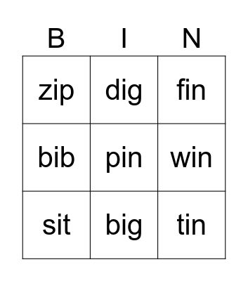 'i' words Bingo Card