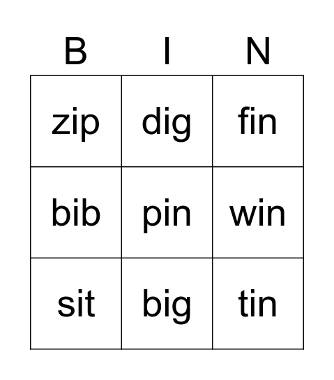 'i' words Bingo Card