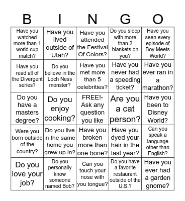 Getting To Know You Bingo Card