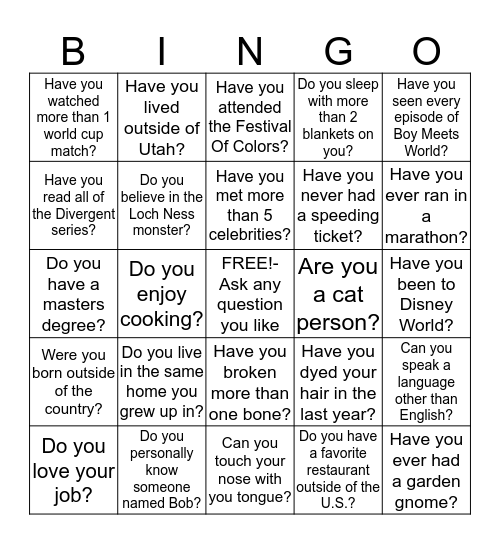 Getting To Know You Bingo Card