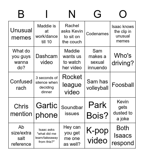 Wednesday night Bingo Card