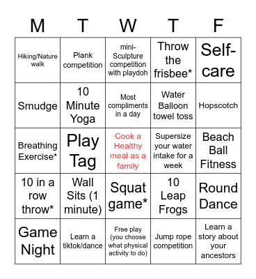 Family Fun Week BINGO 12+ Bingo Card