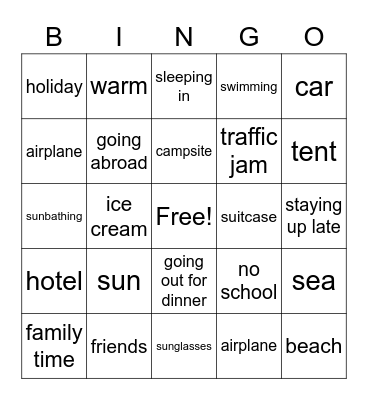 Summer holiday Bingo Card