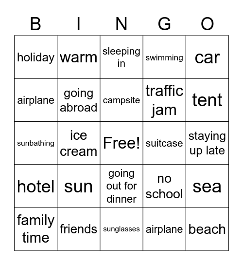 Summer holiday Bingo Card