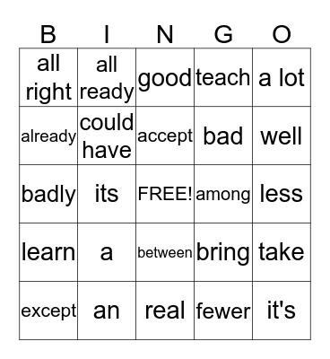 Word Usage Bingo Card