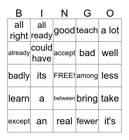Word Usage Bingo Card