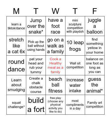 Family Fun Week Bingo 11- Bingo Card