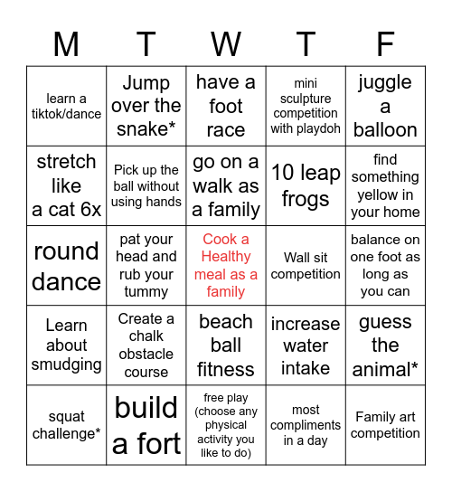 Family Fun Week Bingo 11- Bingo Card