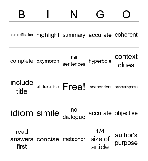 ELA Summer 2021 Bingo Card