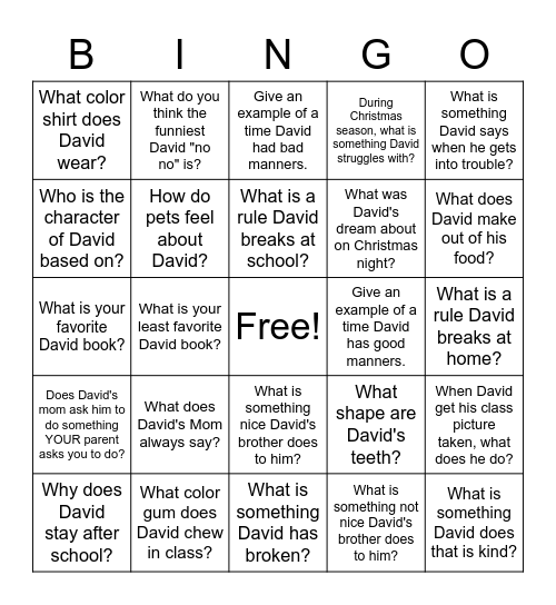 No David Bingo! Bingo Card