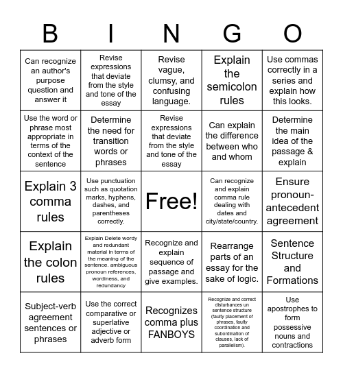 ACT PRACTICE Bingo Card