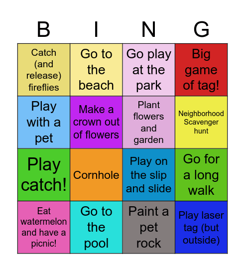 Fun Summer Activities Bingo Card