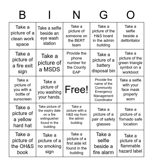 Health and Safety Bingo Card