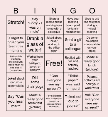 Remote Work Bingo Card