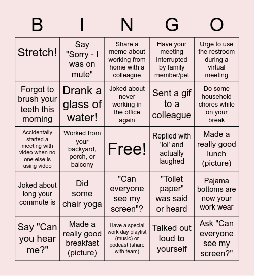 Remote Work Bingo Card