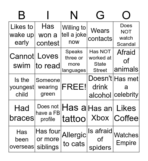 YUBAA Board Bingo Card