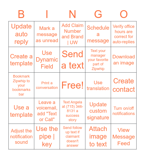 Zipwhip Bingo Card