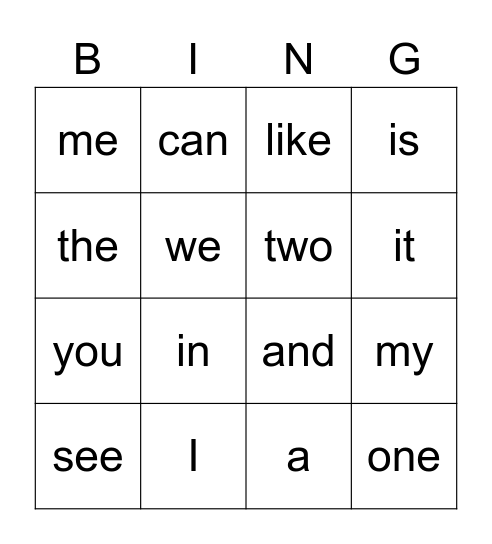 Sight Word Bingo Card