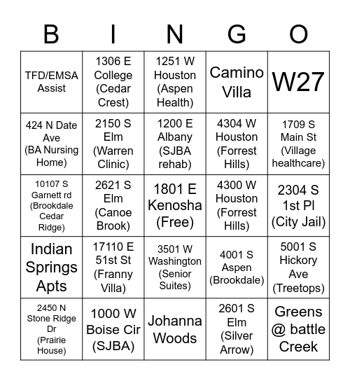 B Shift location Bingo Card