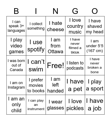 Get-to-know-me Bingo Card