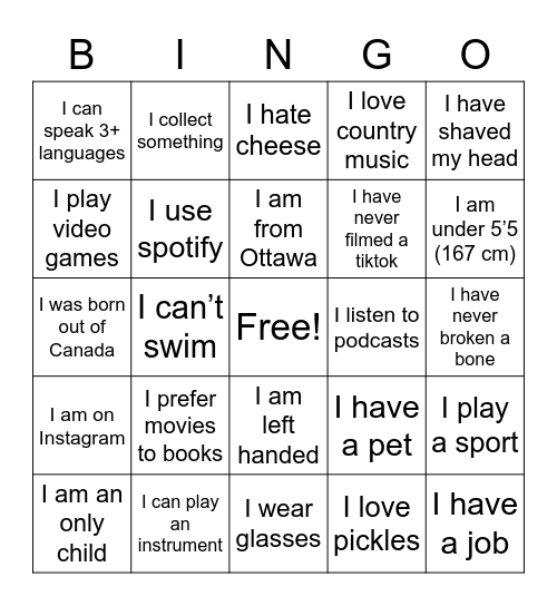 Get-to-know-me Bingo Card