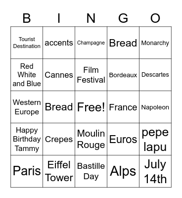 France Ethnic Day Bingo Card