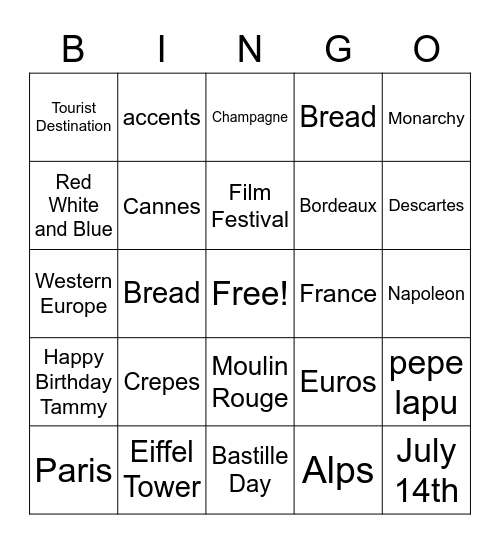France Ethnic Day Bingo Card