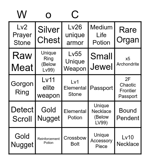 Archlord Bingo Card