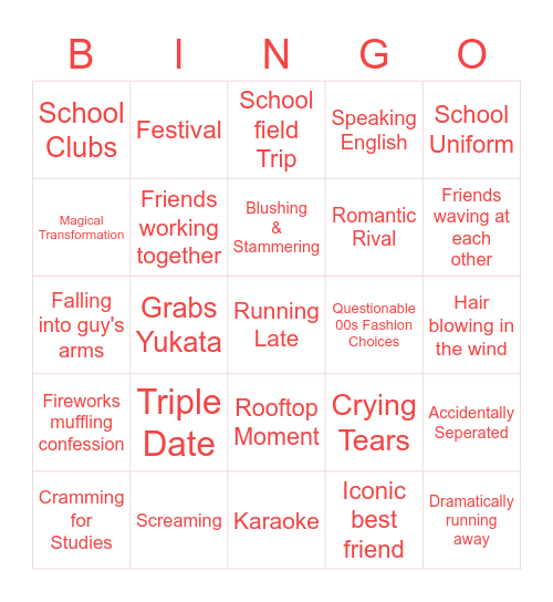 Slice of Life Bingo Card