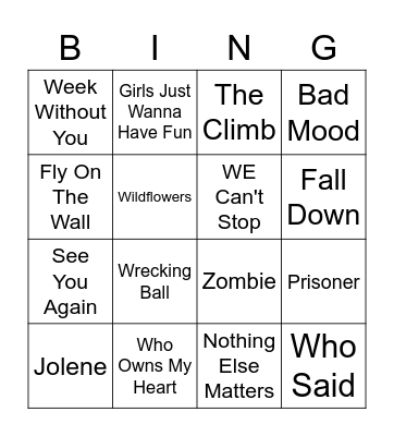 Miley Cyrus Bingo Card