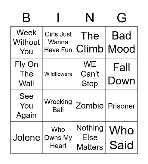 Miley Cyrus Bingo Card