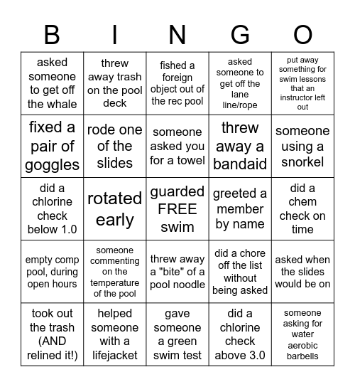 Lifeguard BINGO! Bingo Card