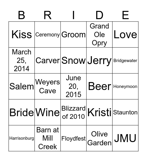 Kristi & Jerry Bingo Card