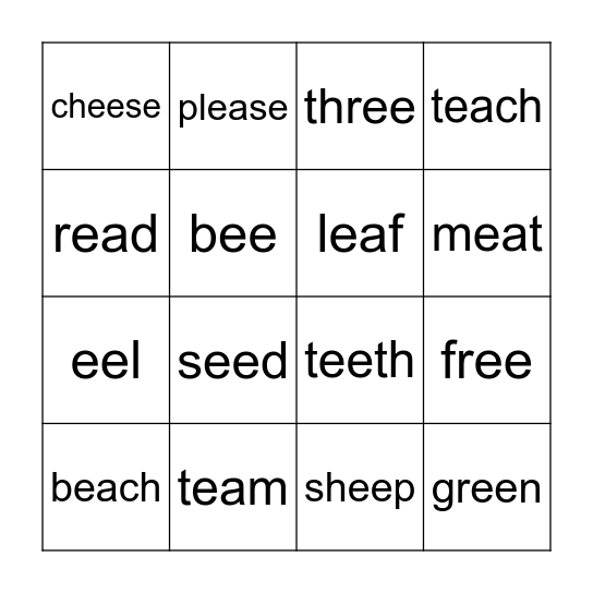 -ee and -ea Vowel Team BINGO Card